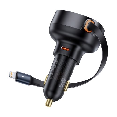 Automašīnas lādētājs ar ripotu iPhone Lightning USB-C 60W Black