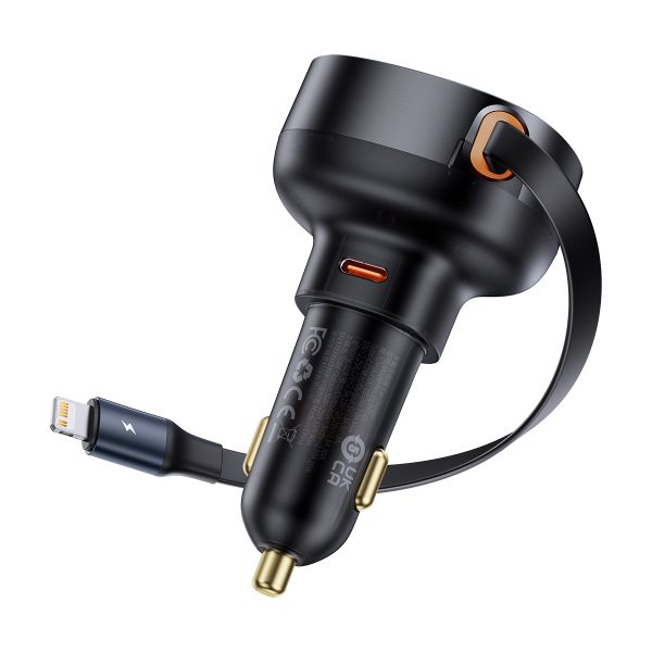 Automašīnas lādētājs ar ripotu iPhone Lightning USB-C 60W Black