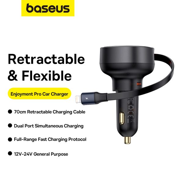 Automašīnas lādētājs ar ripotu iPhone Lightning USB-C 60W Black