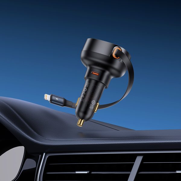 Automašīnas lādētājs ar ripotu iPhone Lightning USB-C 60W Black