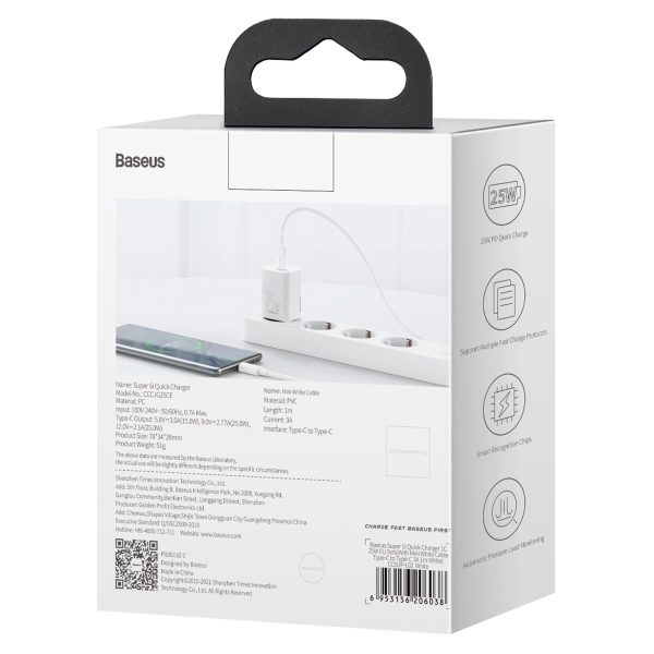 Si 25W 3A ātrs lādētājs ar USB-C 1M balto lādētāju