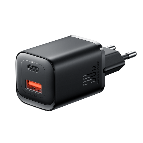 Ātrā tīkla lādētājs 30W USB-A un USB-C PD QC AFC FCP Black