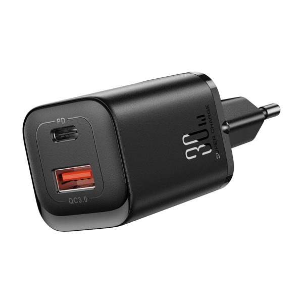 Ātrā tīkla lādētājs 30W USB-A un USB-C PD QC AFC FCP Black