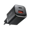 Ātrā tīkla lādētājs 30W USB-A un USB-C PD QC AFC FCP Black