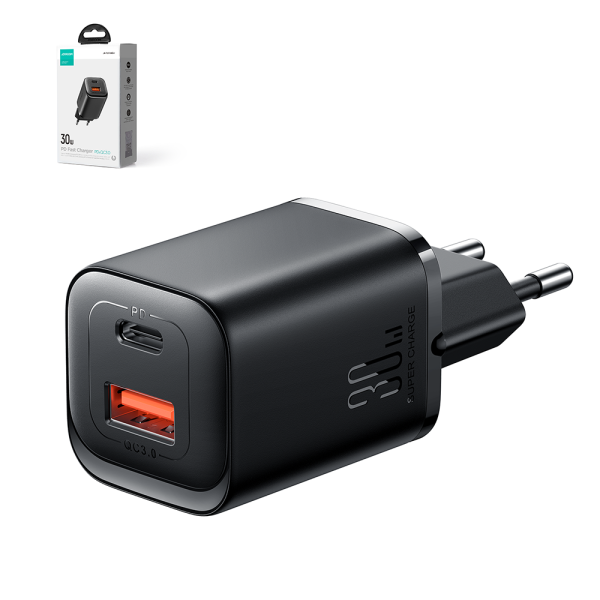 Ātrā tīkla lādētājs 30W USB-A un USB-C PD QC AFC FCP Black