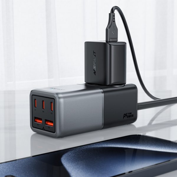Galda lādētāju uzlādes stacija Z2 GAN 75W PD 3X USB-C 2X USB-A MELNA UN PAŠA