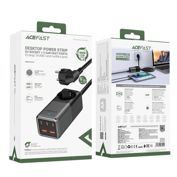 Galda lādētāju uzlādes stacija Z2 GAN 75W PD 3X USB-C 2X USB-A MELNA UN PAŠA