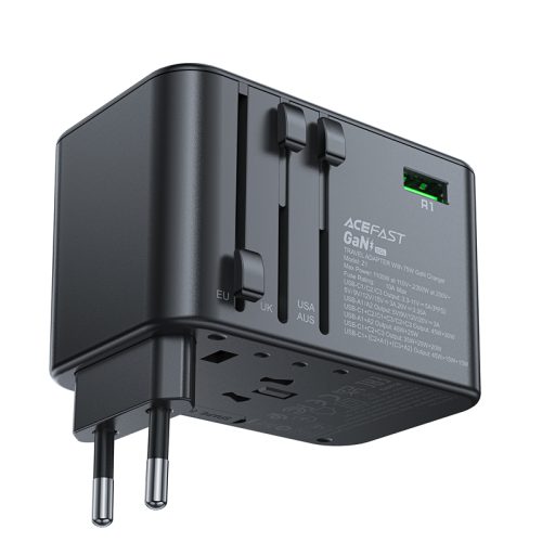 Universal Travel Charger Gan 2X USB-A 3X USB-C UK ES USA AUS Black