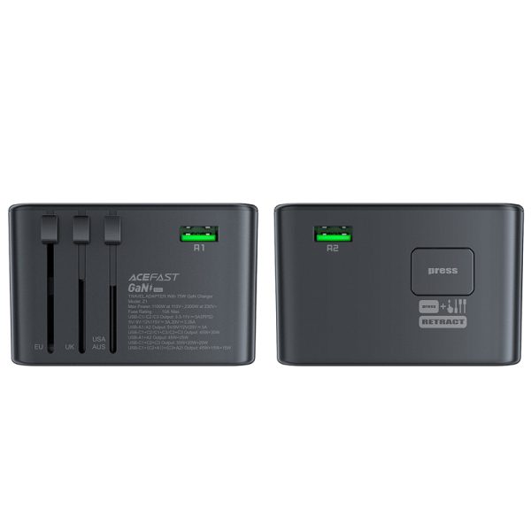 Universal Travel Charger Gan 2X USB-A 3X USB-C UK ES USA AUS Black