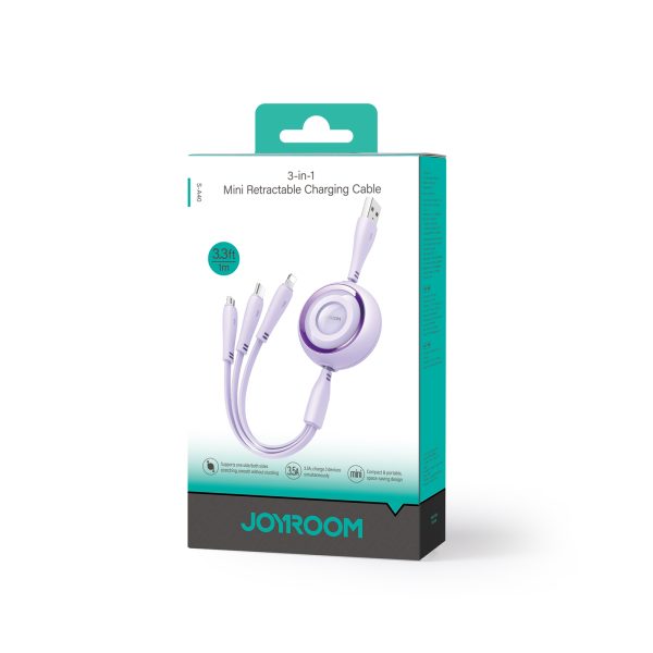 3in1 ColorPhul sērija USB-A USB-C / iPhone zibens / microusb 1m purpursarkanā krāsā