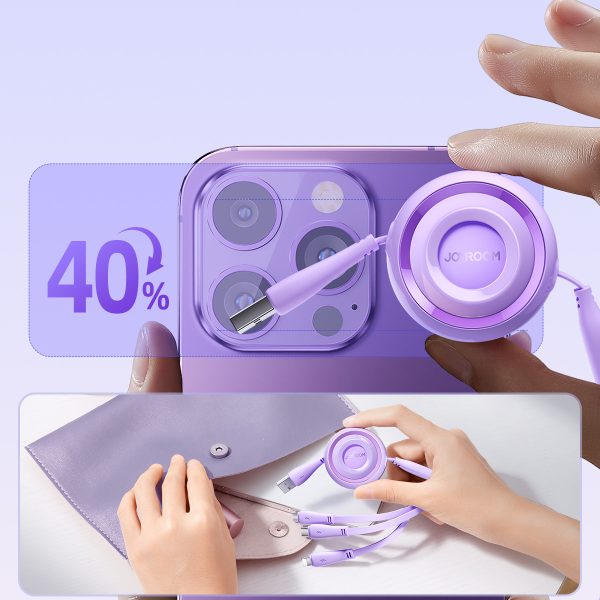 3in1 ColorPhul sērija USB-A USB-C / iPhone zibens / microusb 1m purpursarkanā krāsā
