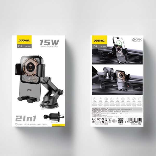 F19 automašīnas saķere pa tālruni ar indukcijas lādētāju 15W melnā krāsā