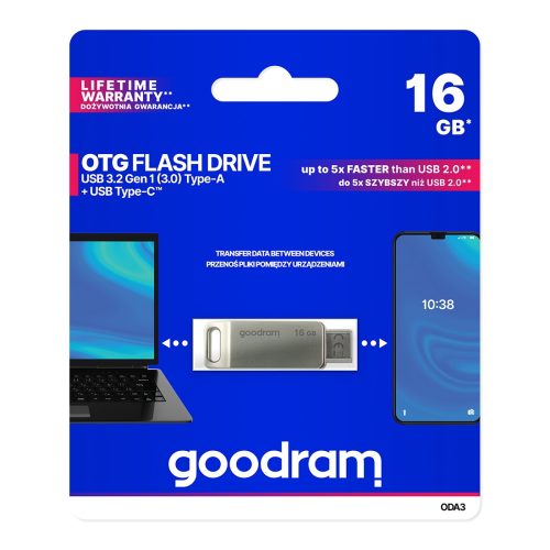 Pendrive Memory Goodram 16GB USB 3.2 Gen 1 USB / USB-C OTG ODA3 sudrabs