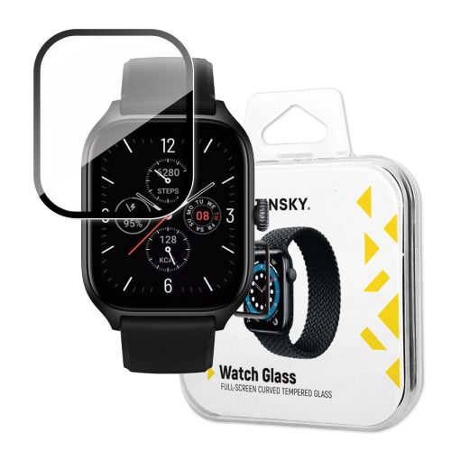 9h rūdīts stikls visā Xiaomi Amazfit GTS 4 ekrānā ar melnu pilnu līmes rāmi