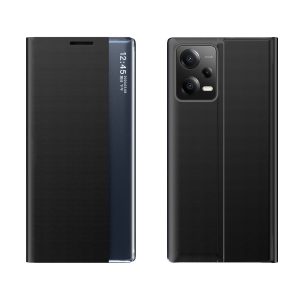 Gadījuma segums ar atloku un stenizējiet Xiaomi Redmi Note 12 5G / POCO X5 5G jauns miega korpuss Melns