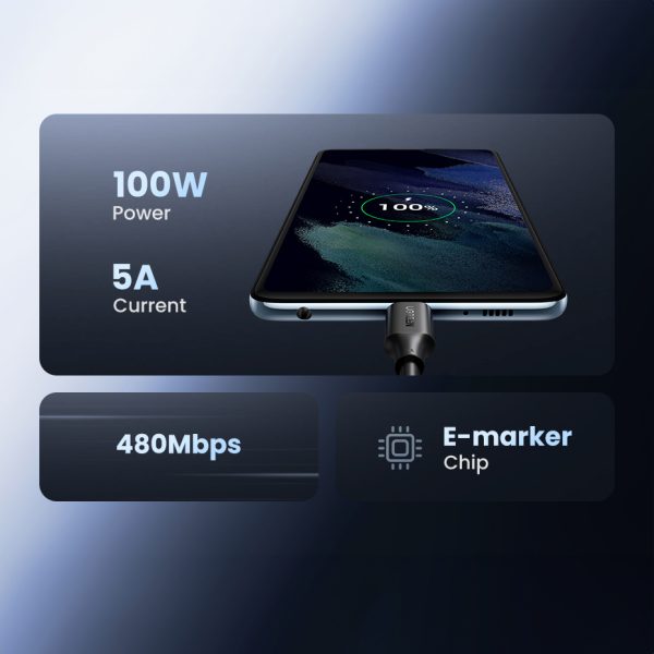 Kabelis USB-C PD QC 100W 5A 480MB/s 1,5M melns kabelis