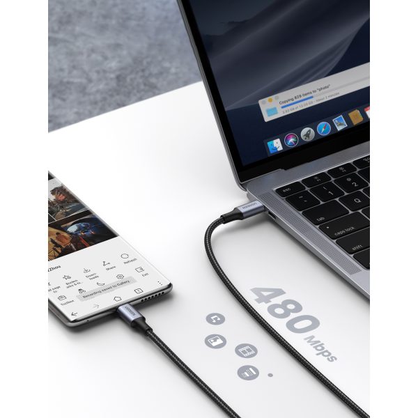 Kabelis USB-C kabelis pītā 5A 480MB/s 0,5 m melnā pelēkā krāsā
