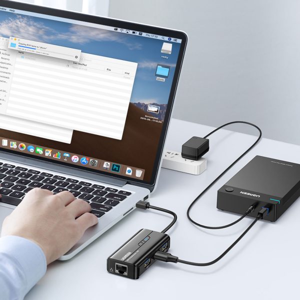 HUB USB -A tīkla adapteris - RJ45 1000 Mbps / 3x USB 3.0 melns