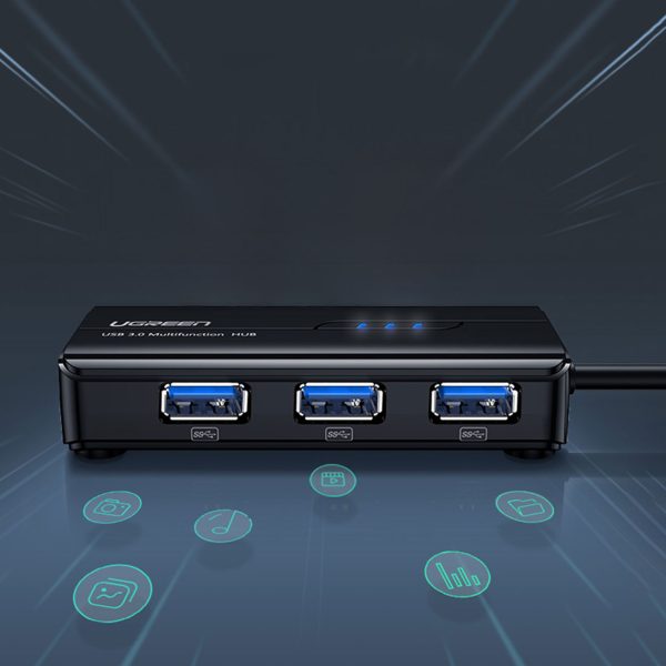 HUB USB -A tīkla adapteris - RJ45 1000 Mbps / 3x USB 3.0 melns