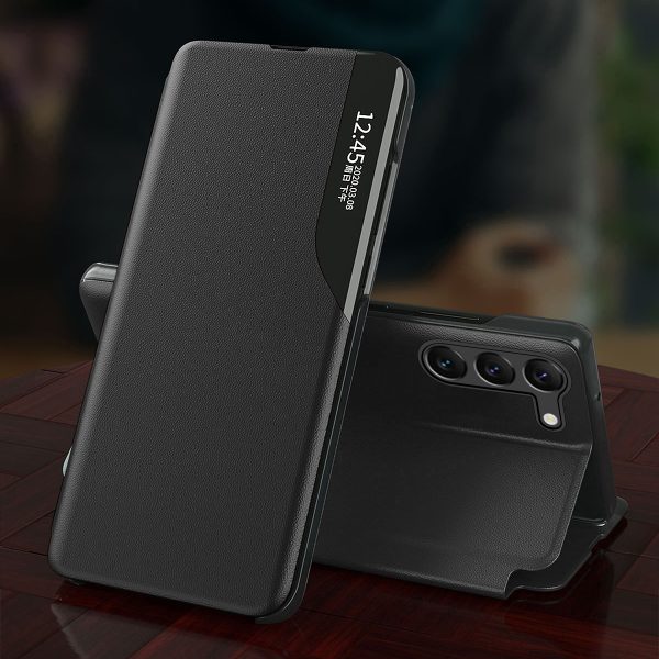 Lietas gadījums Samsung S24 ar atloku un eko ādas skata korpusu melna pamatne