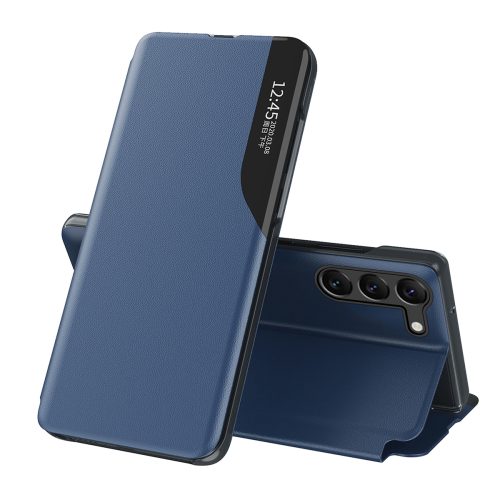 Gadījuma gadījums Samsung S24+ ar atloku un eko ādas skata korpusa zilu statīvu