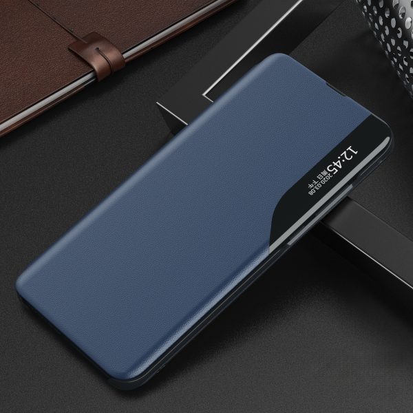 Gadījuma gadījums Samsung S24+ ar atloku un eko ādas skata korpusa zilu statīvu