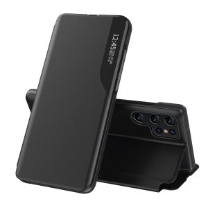 Lietas gadījums Samsung S24 Ultra ar atloku un eko ādas skata korpusu melns
