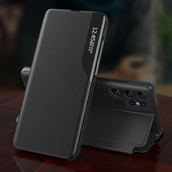 Lietas gadījums Samsung S24 Ultra ar atloku un eko ādas skata korpusu melns