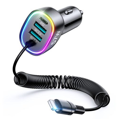 4in1 ātrs USB-C PD 2X USB QC3 automašīnas lādētājs ar zibens 1