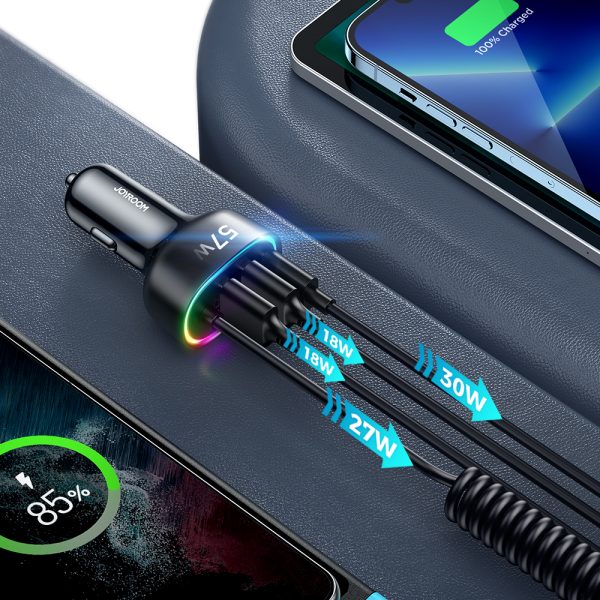 4in1 ātrs USB-C PD 2X USB QC3 automašīnas lādētājs ar zibens 1,6m 57W melns kabelis