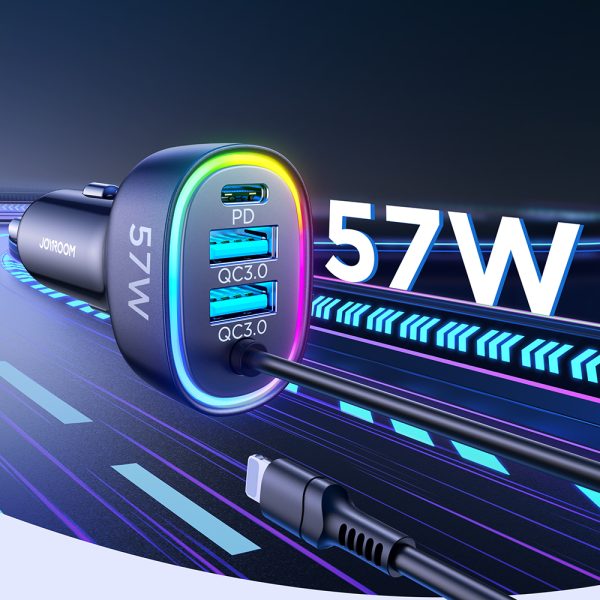 4in1 ātrs USB-C PD 2X USB QC3 automašīnas lādētājs ar zibens 1,6m 57W melns kabelis