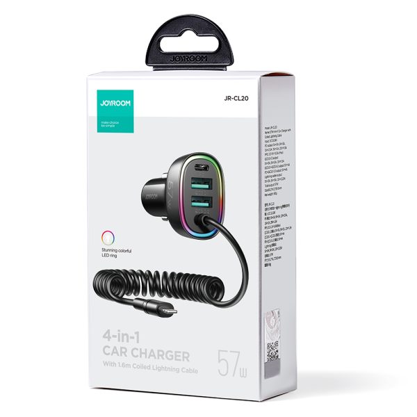 4in1 ātrs USB-C PD 2X USB QC3 automašīnas lādētājs ar zibens 1,6m 57W melns kabelis