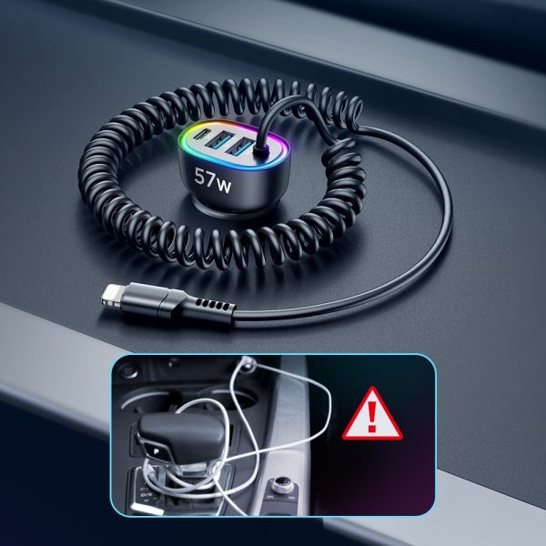 4in1 ātrs USB-C PD 2X USB QC3 automašīnas lādētājs ar zibens 1,6m 57W melns kabelis