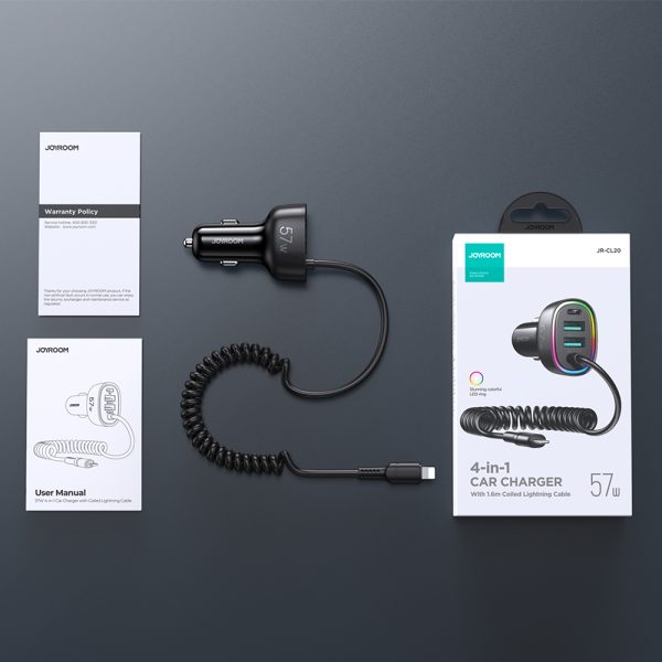 4in1 ātrs USB-C PD 2X USB QC3 automašīnas lādētājs ar zibens 1,6m 57W melns kabelis