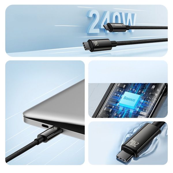 Kabelis USB-C kabelis pītā 480MB/s 240W volframa zelta 3M melnā krāsā