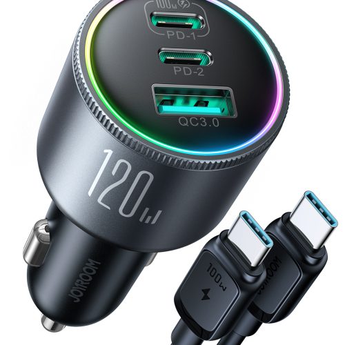 120W automašīnas lādētājs 2x USB-C 1X USB-A + USB-C 100W USB-C kabelis tumši pelēks