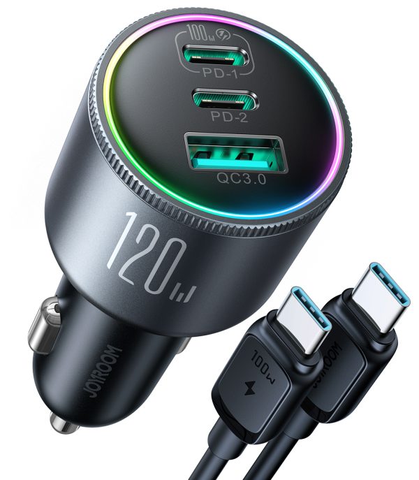 120W automašīnas lādētājs 2x USB-C 1X USB-A + USB-C 100W USB-C kabelis tumši pelēks