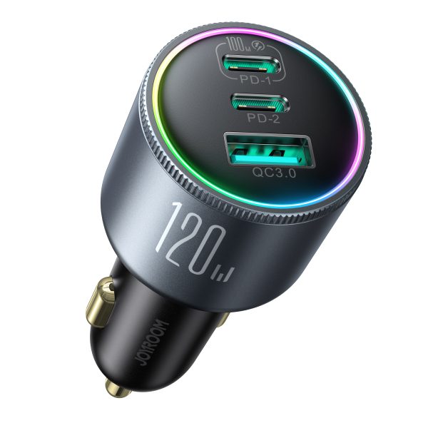 120W automašīnas lādētājs 2x USB-C 1X USB-A + USB-C 100W USB-C kabelis tumši pelēks