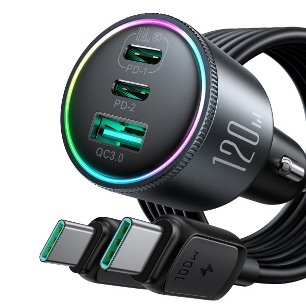 120W automašīnas lādētājs 2x USB-C 1X USB-A + USB-C 100W USB-C kabelis tumši pelēks
