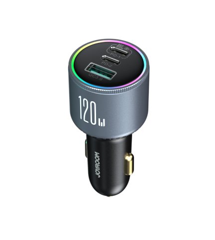 120W automašīnas lādētājs 2x USB-C 1X USB-A + USB-C 100W USB-C kabelis tumši pelēks