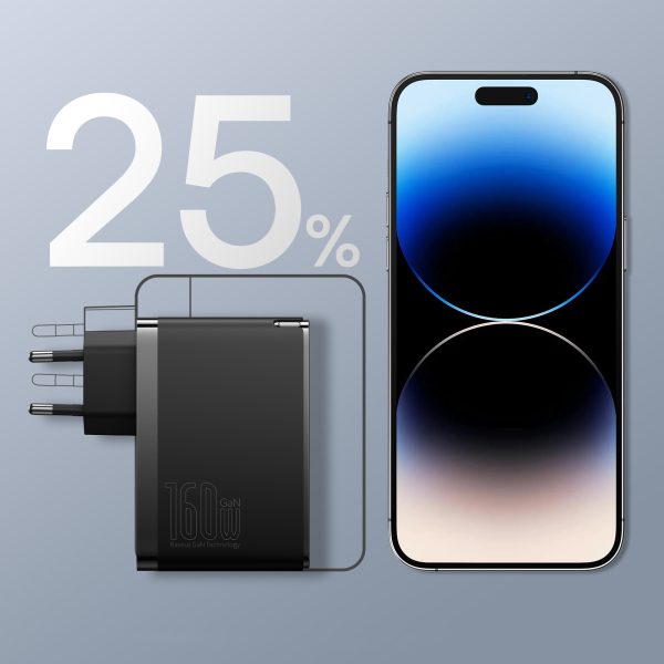 Pro 160W Gan Gan5 2x USB-C / USB-A Network Charger + USB-C kabelis melns