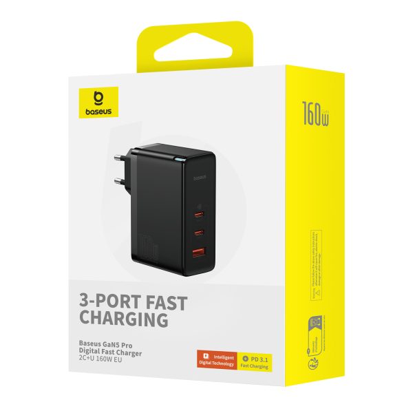 Pro 160W Gan Gan5 2x USB-C / USB-A Network Charger + USB-C kabelis melns