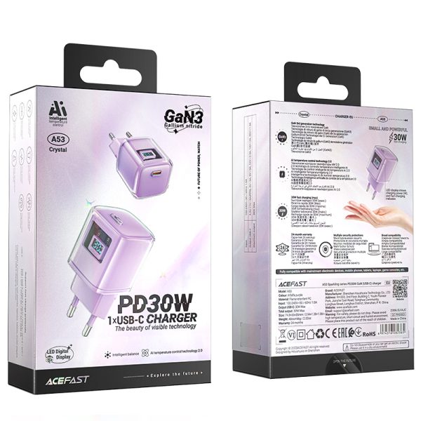 Tīkla lādētājs ar PD 30W Gan3 USB-C Purple Display