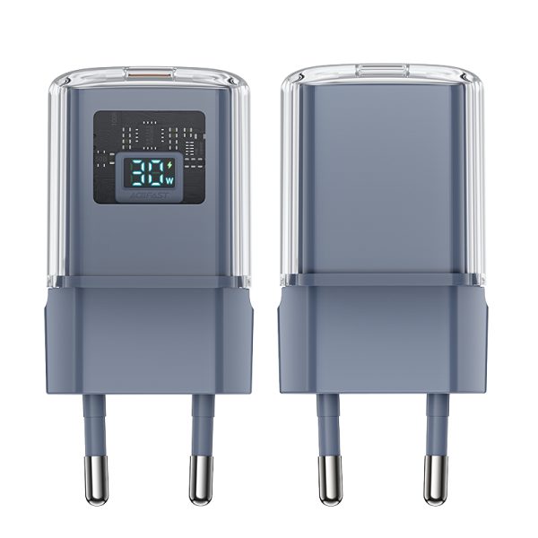Tīkla lādētājs ar PD 30W Gan3 USB-C pelēko displeju