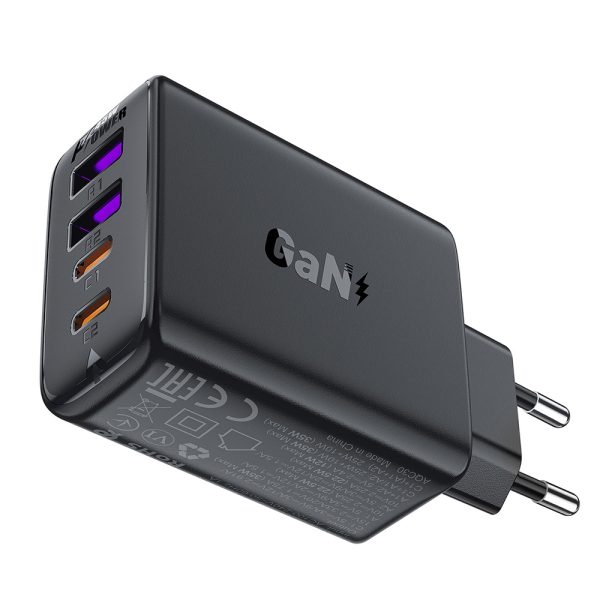PD 45W GAN lādētājs ar 4 portiem 2x USB-C + 2X USB-Melnās porti