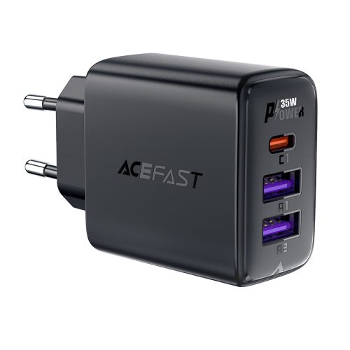 PD 35W GAN lādētājs ar 3 2x USB-A + USB-C melnajiem portiem