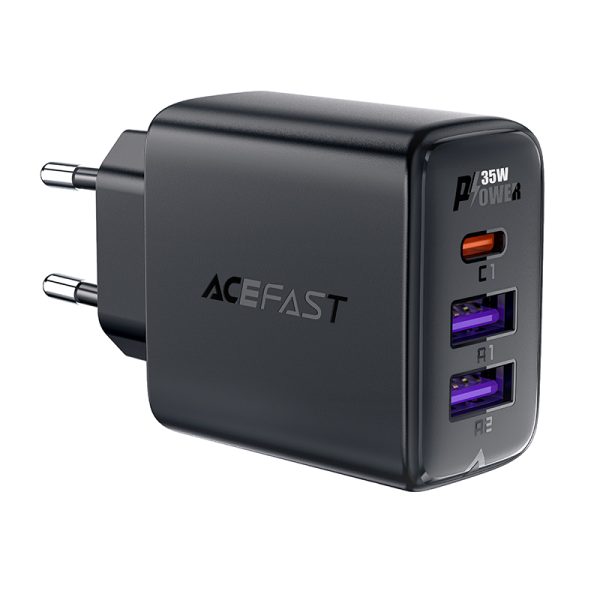 PD 35W GAN lādētājs ar 3 2x USB-A + USB-C melnajiem portiem