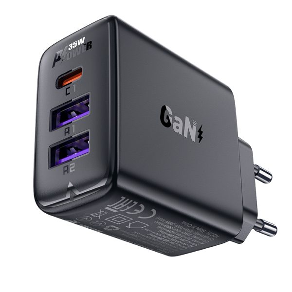 PD 35W GAN lādētājs ar 3 2x USB-A + USB-C melnajiem portiem