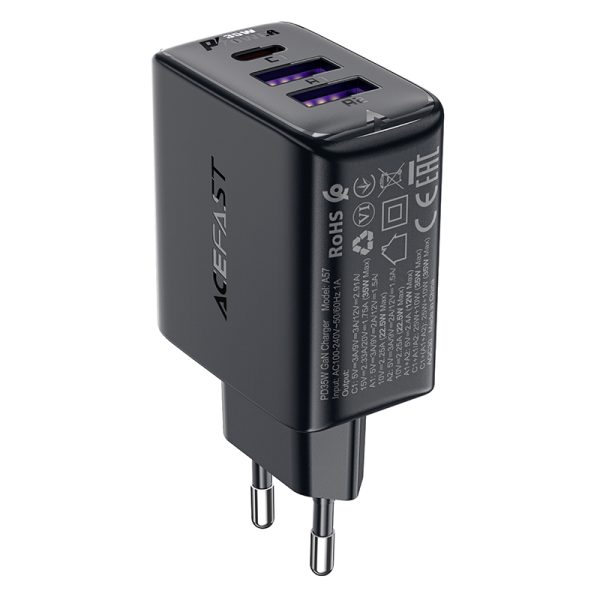 PD 35W GAN lādētājs ar 3 2x USB-A + USB-C melnajiem portiem