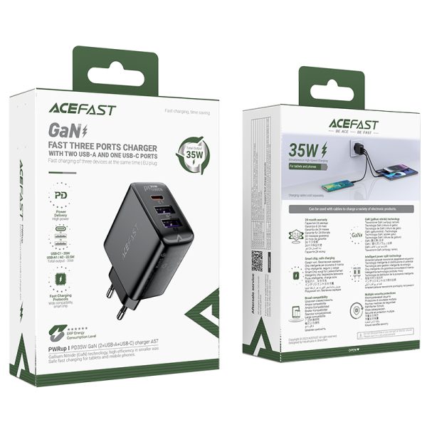 PD 35W GAN lādētājs ar 3 2x USB-A + USB-C melnajiem portiem